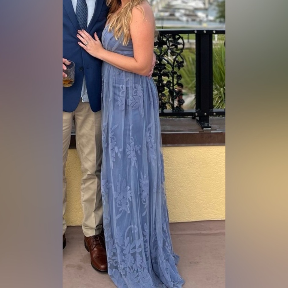 Windsor Dusty Blue Floral Lace Plunge Maxi Dress